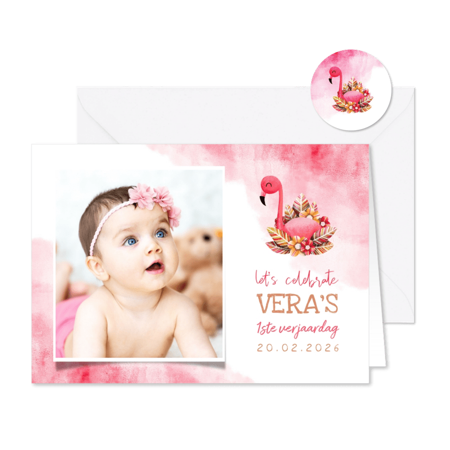 Uitnodiging kinderfeestje flamingo met foto en waterverf - Kaartimpressie