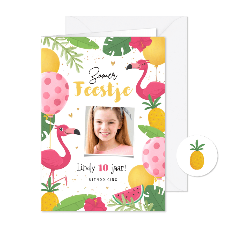 Uitnodiging kinderfeestje flamingo tropisch fruit - Kaartimpressie