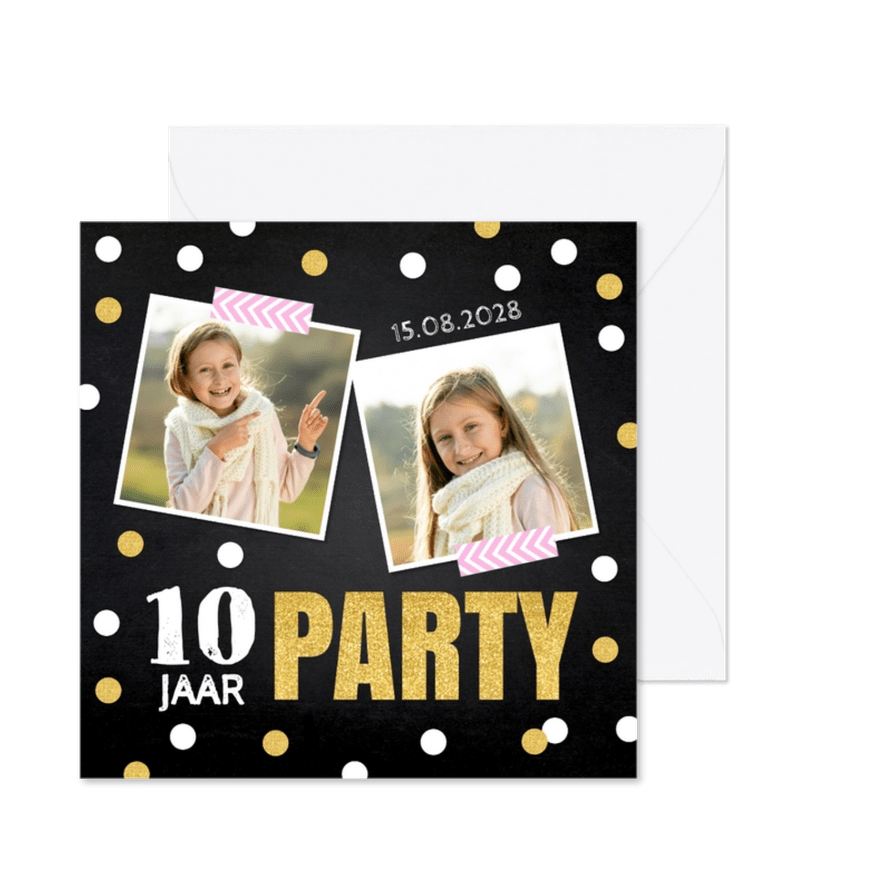 Uitnodiging kinderfeestje foto confetti goudlook - Kaartimpressie