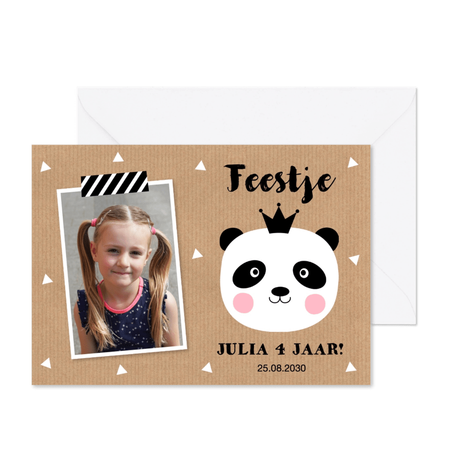 Uitnodiging kinderfeestje foto panda kraft meisje - Kaartimpressie