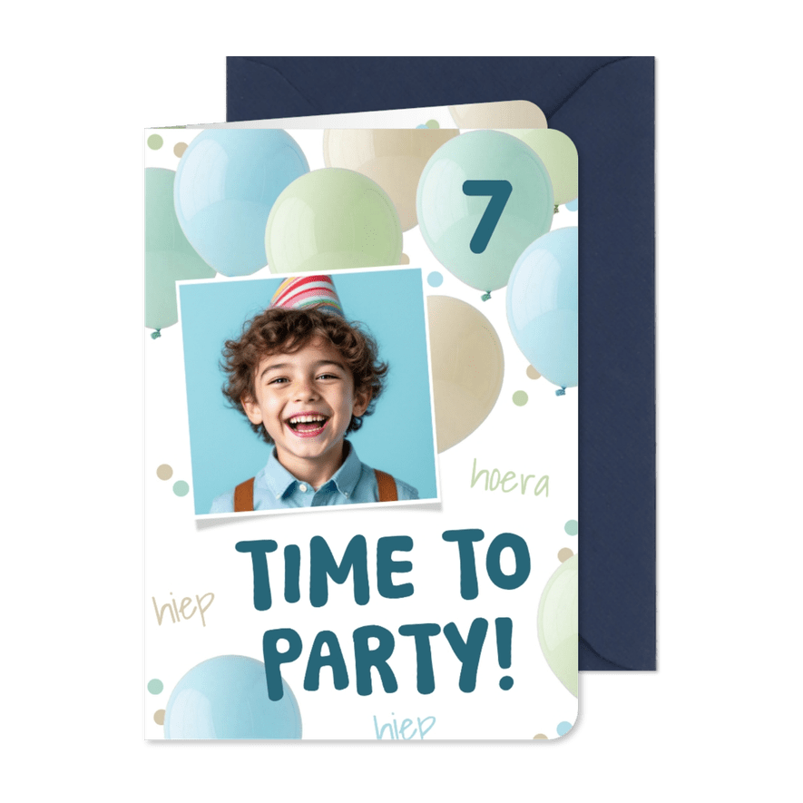 Uitnodiging kinderfeestje foto time to party ballonnen groen - Kaartimpressie