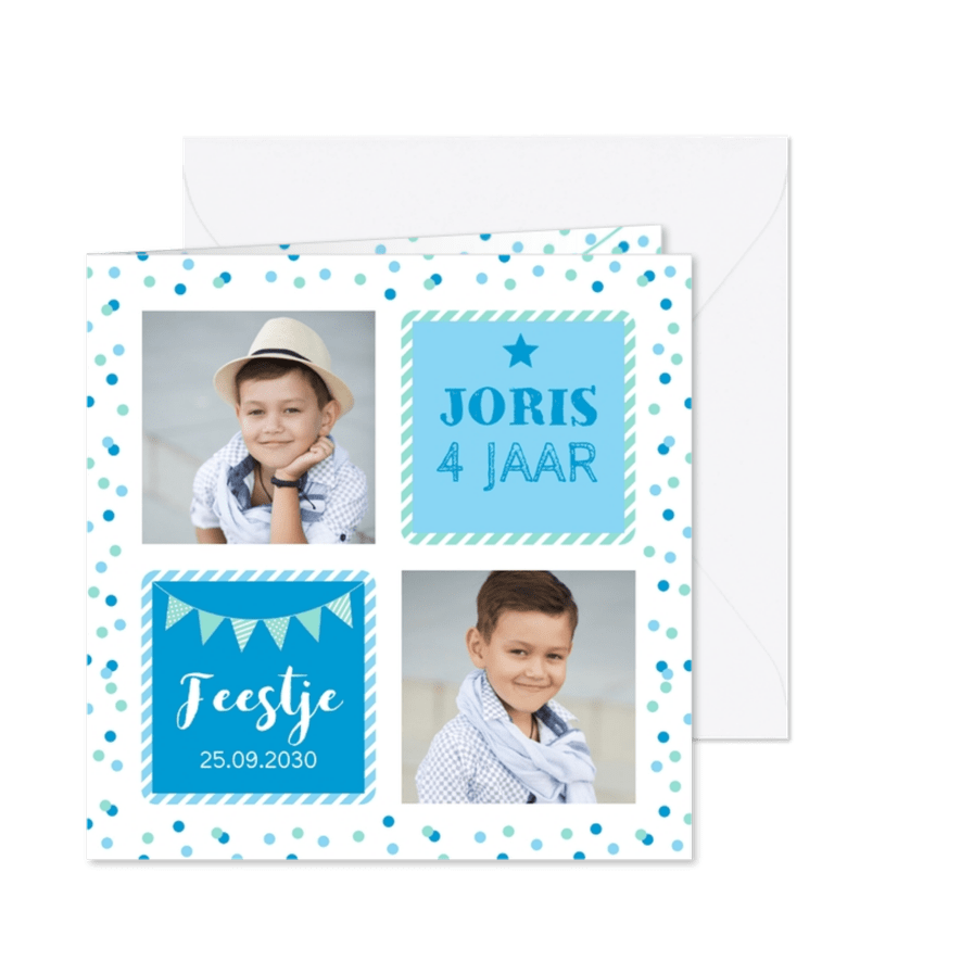 Uitnodiging kinderfeestje foto vakken blauw jongen - Kaartimpressie