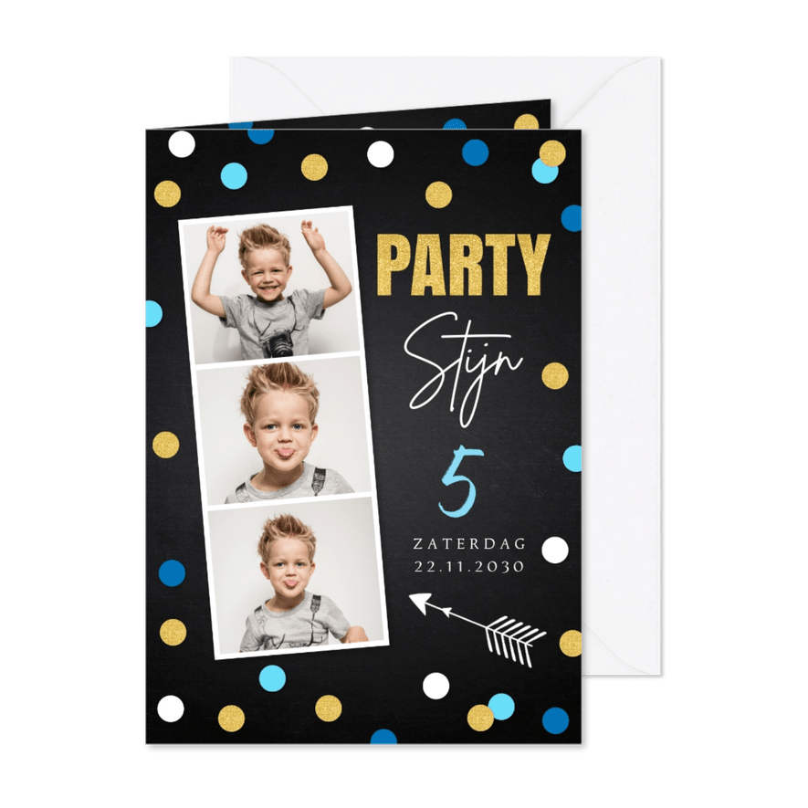 Uitnodiging kinderfeestje fotocollage jongen dots goudlook - Kaartimpressie