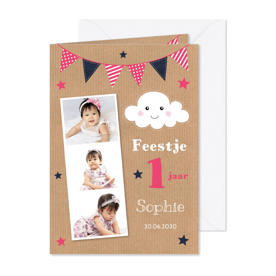 Uitnodiging kinderfeestje fotocollage meisje 1 jaar wolkje - Kaartimpressie