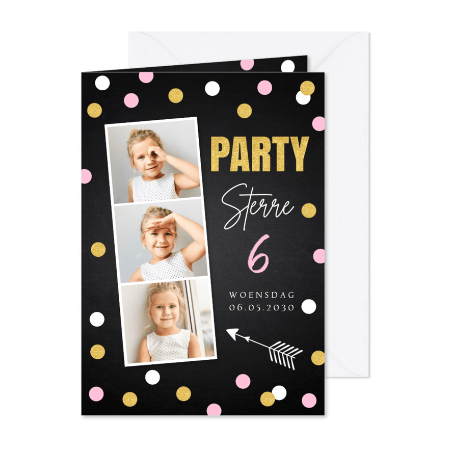 Uitnodiging kinderfeestje fotocollage meisje confetti zwart - Kaartimpressie