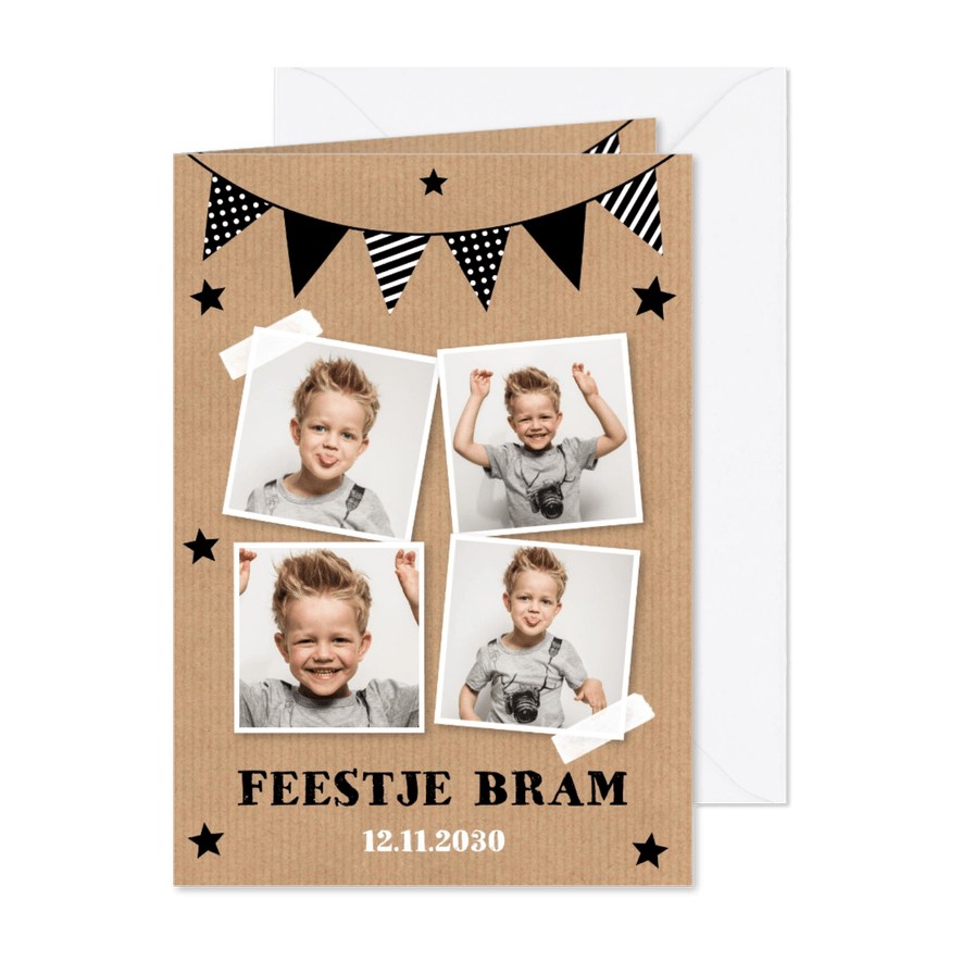 Uitnodiging kinderfeestje fotocollage slinger kraftprint - Kaartimpressie