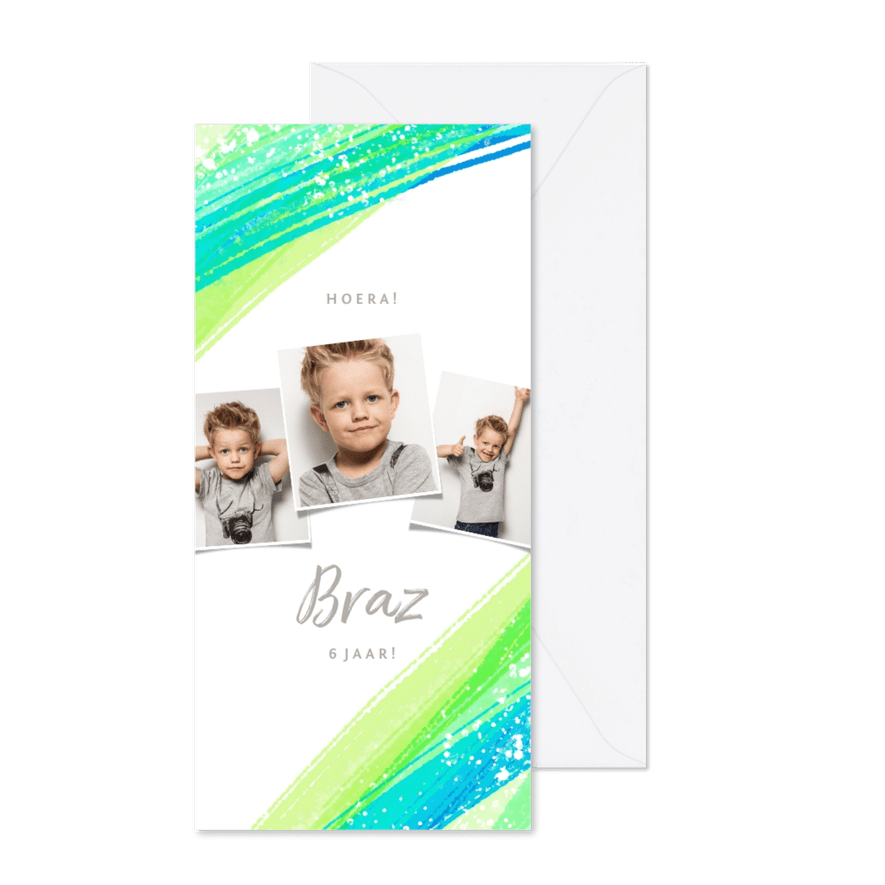 Uitnodiging kinderfeestje foto's & groene verfstrepen - Kaartimpressie