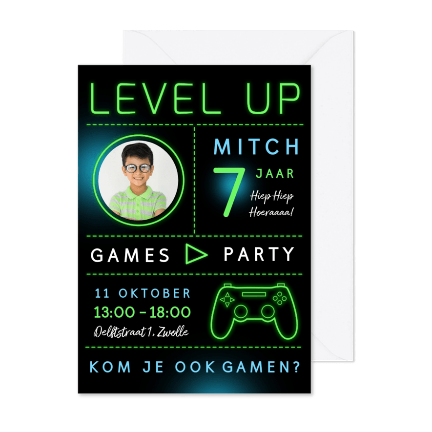 Uitnodiging kinderfeestje gamen level up - Kaartimpressie