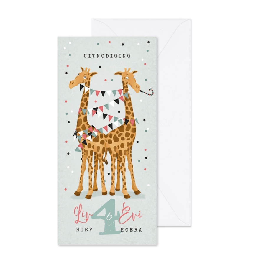 Uitnodiging kinderfeestje giraf tweeling confetti ballonnen - Kaartimpressie