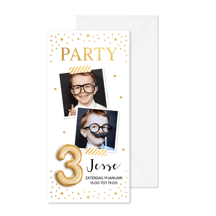 Uitnodiging kinderfeestje goudlook ballon 3 jaar foto - Kaartimpressie