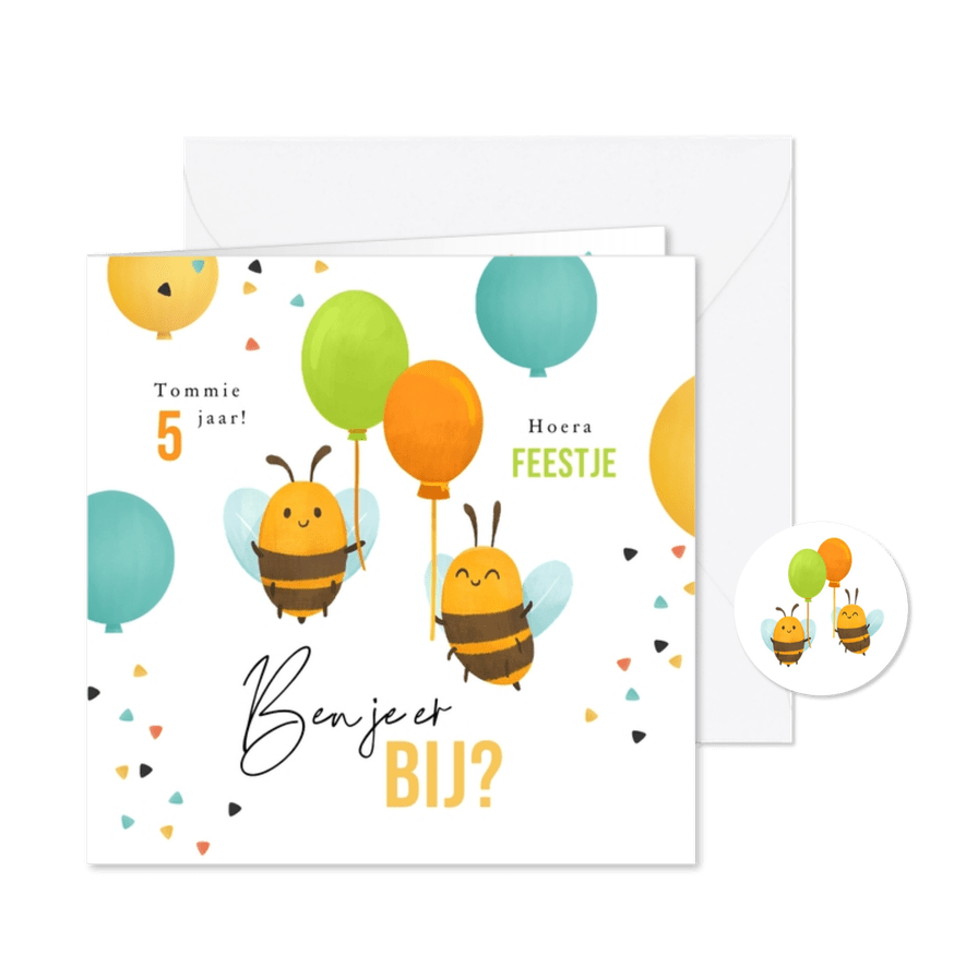 Uitnodiging kinderfeestje grappig bijtjes ballonnen confetti - Kaartimpressie