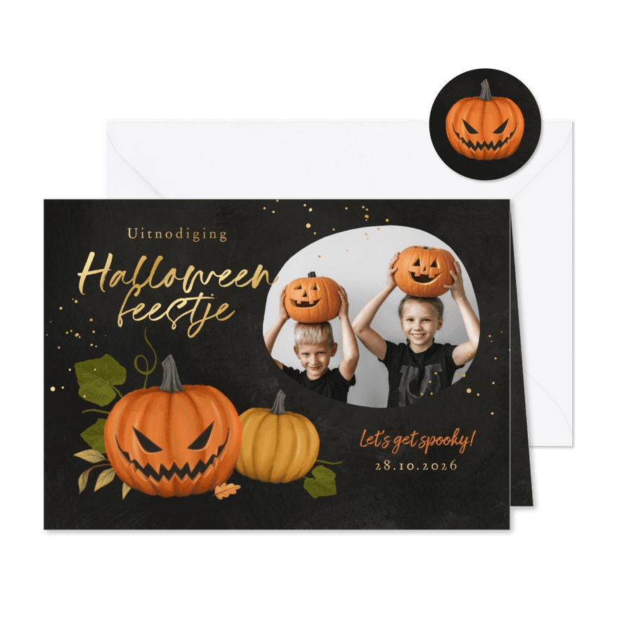 Uitnodiging kinderfeestje halloween pompoenen foto - Kaartimpressie