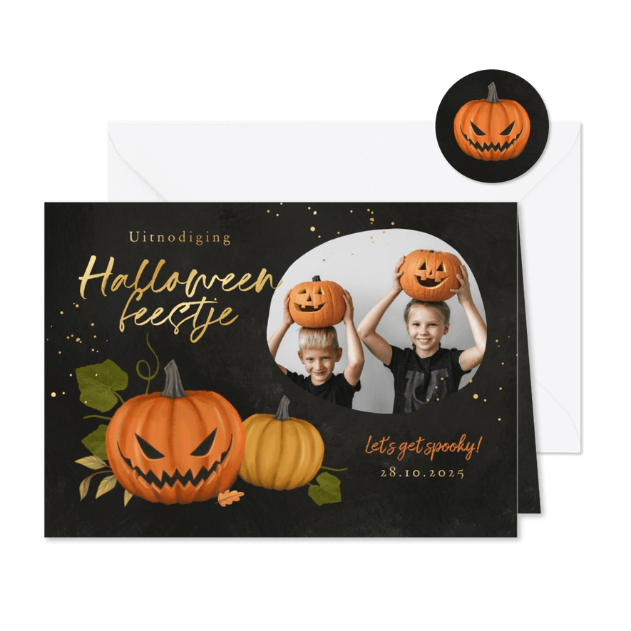 Uitnodiging kinderfeestje halloween pompoenen foto - Kaartimpressie