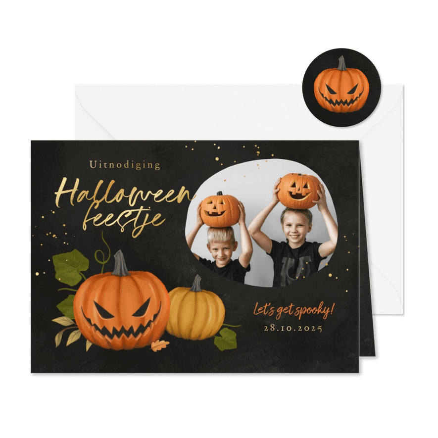 Uitnodiging kinderfeestje halloween pompoenen foto - Kaartimpressie