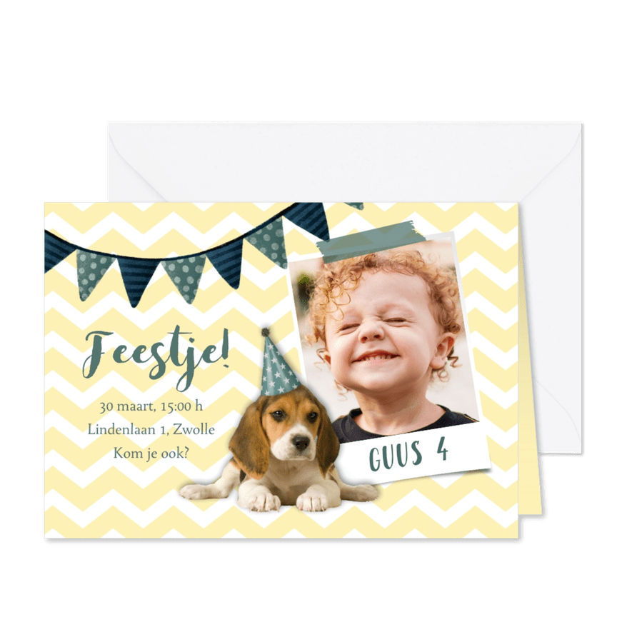 Uitnodiging kinderfeestje hondje met feesthoed - Kaartimpressie