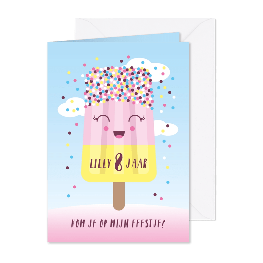 Uitnodiging kinderfeestje ijsje met spikkeltjes - Kaartimpressie