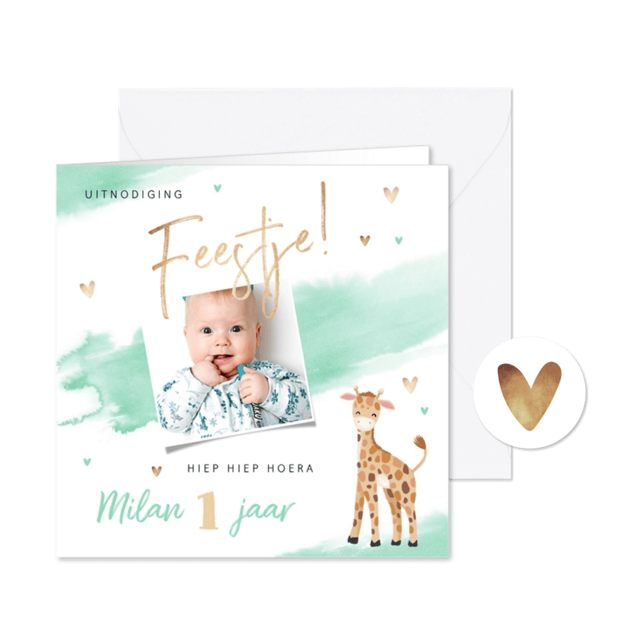 Uitnodiging kinderfeestje jongen 1 jaar giraf waterverf - Kaartimpressie