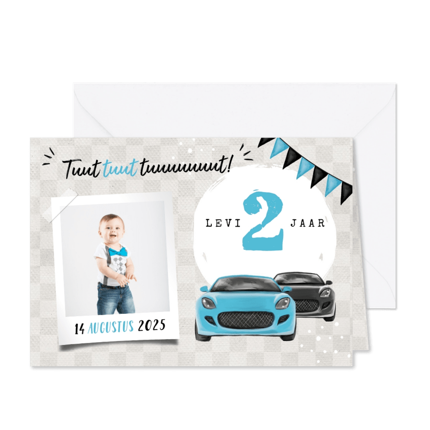 Uitnodiging kinderfeestje jongen 2 jaar auto's blauw foto - Kaartimpressie