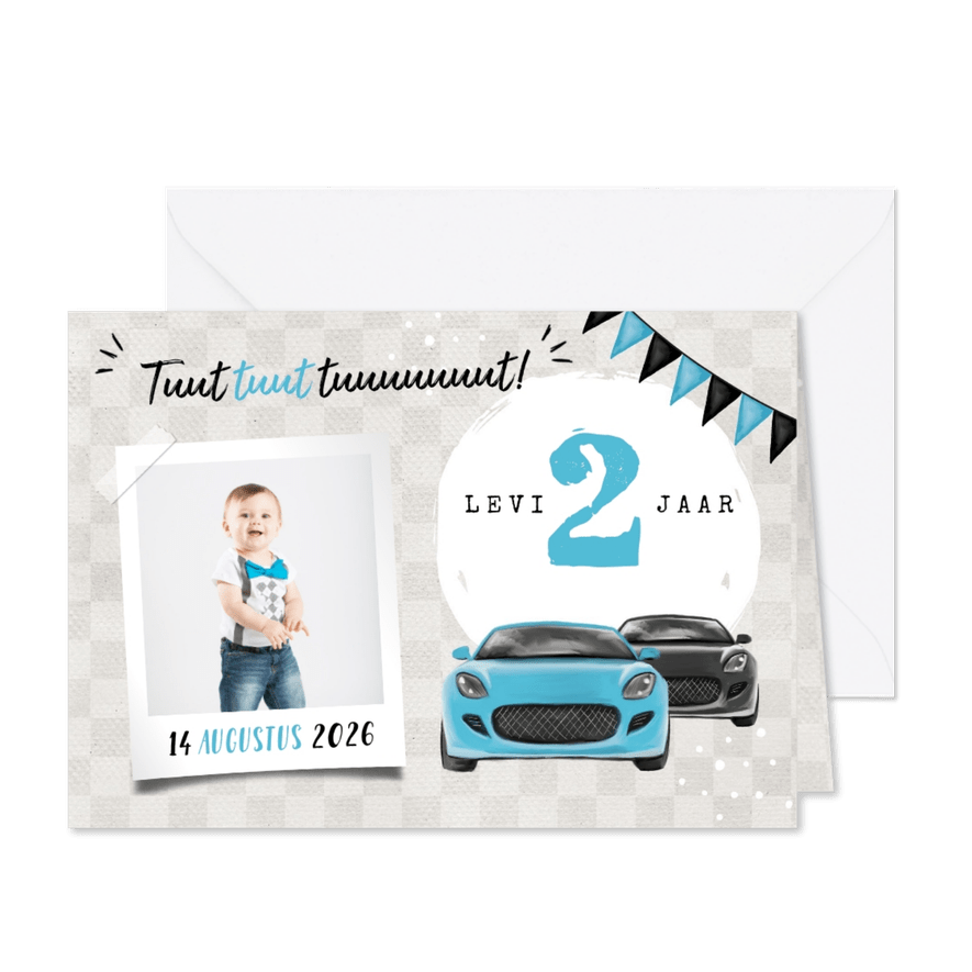 Uitnodiging kinderfeestje jongen 2 jaar auto's blauw foto - Kaartimpressie