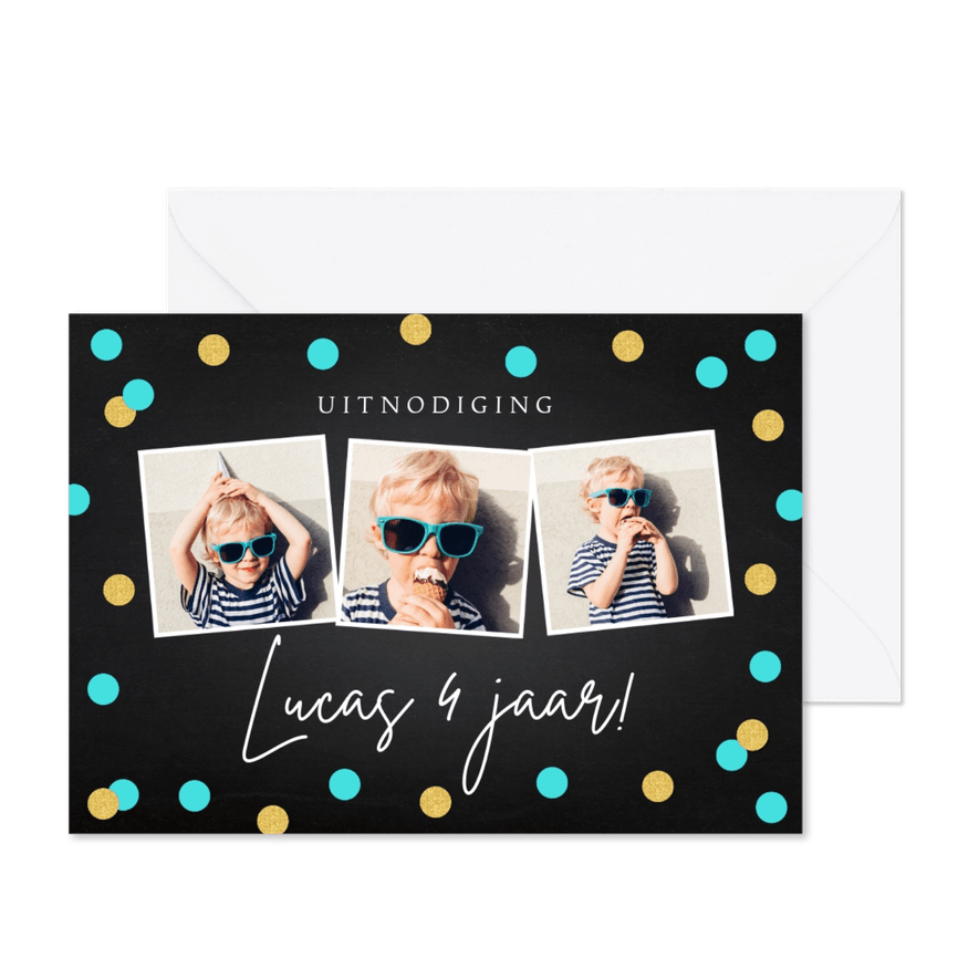 Uitnodiging kinderfeestje jongen confetti fotocollage - Kaartimpressie