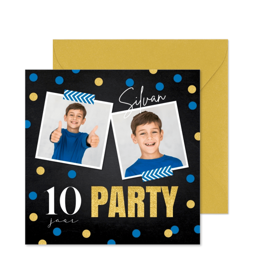 Uitnodiging kinderfeestje jongen foto goudlook confetti - Kaartimpressie