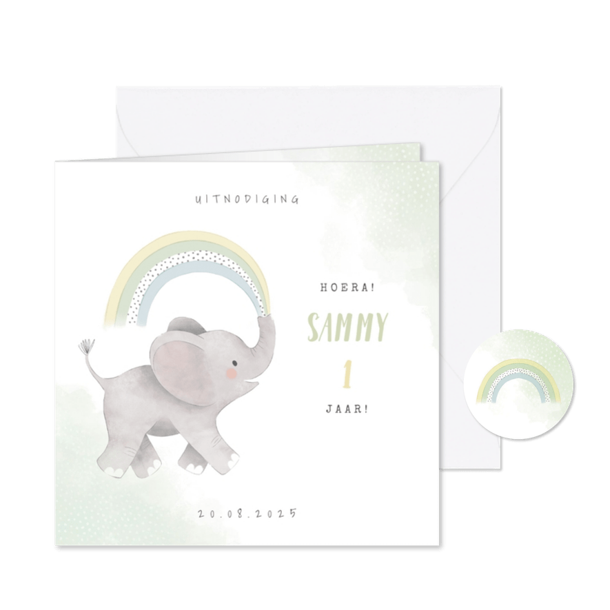 Uitnodiging kinderfeestje jongen met olifantje en regenboog - Kaartimpressie