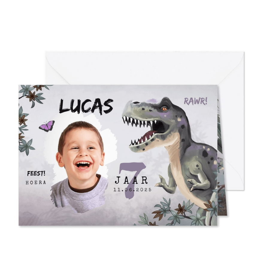 Uitnodiging kinderfeestje jongen t-rex dino jungle - Kaartimpressie