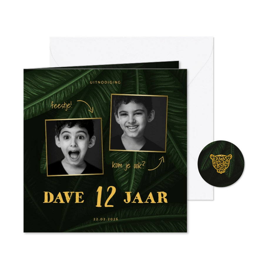 Uitnodiging kinderfeestje jungle bladeren met foto's - Kaartimpressie