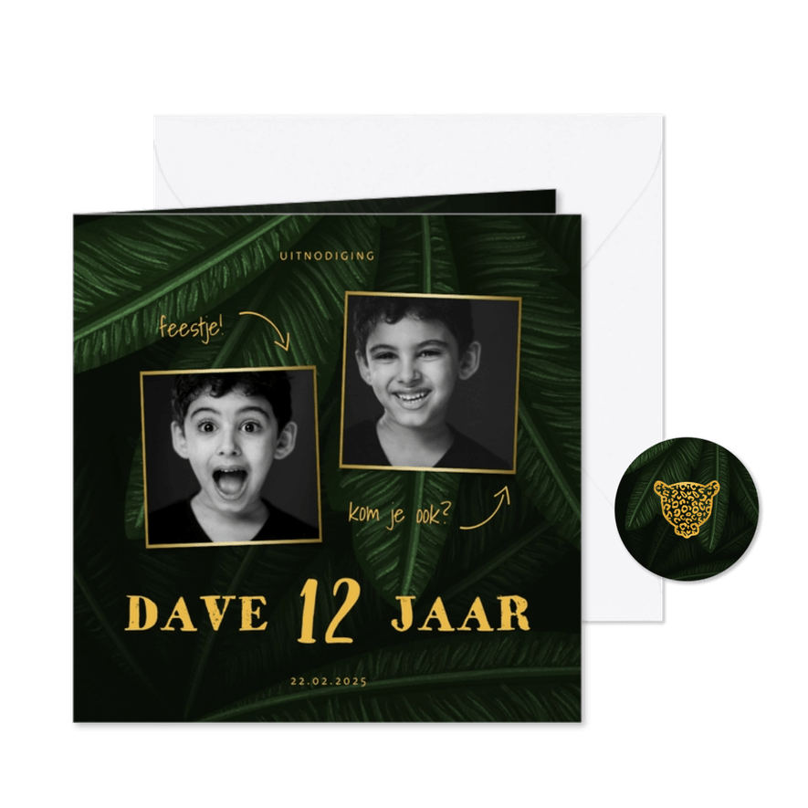 Uitnodiging kinderfeestje jungle bladeren met foto's - Kaartimpressie