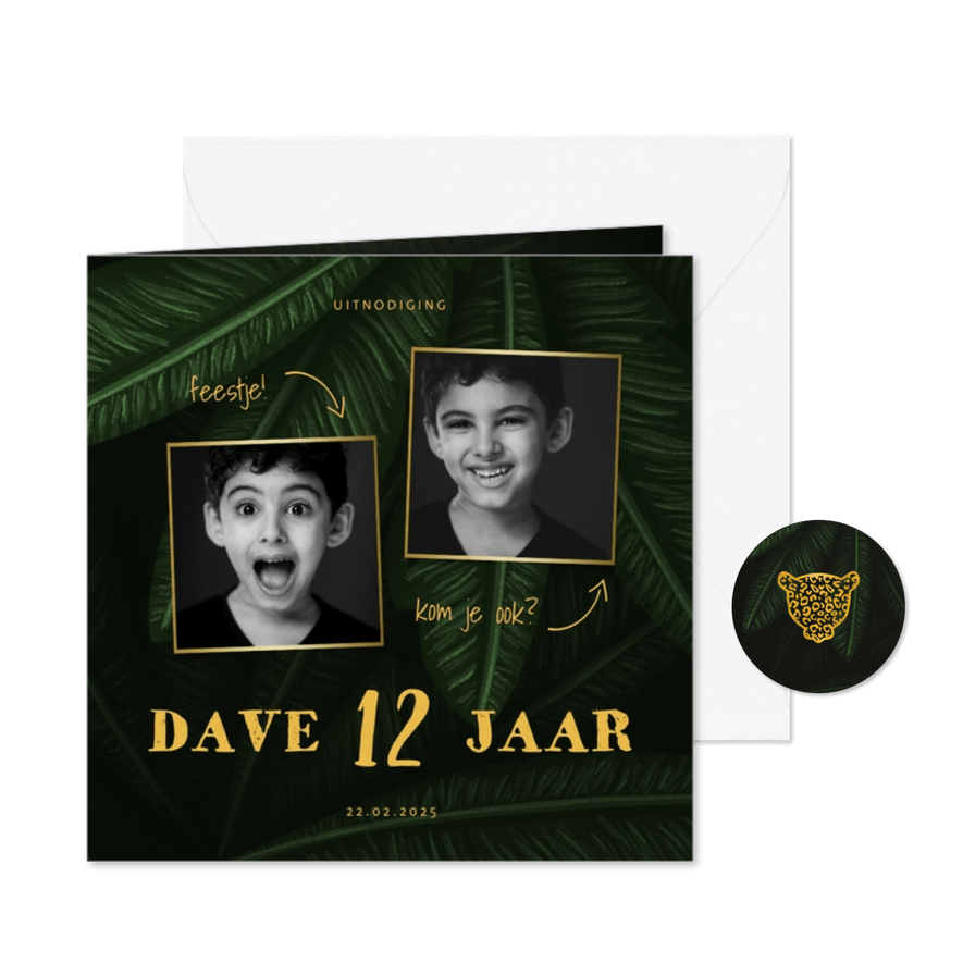 Uitnodiging kinderfeestje jungle bladeren met foto's - Kaartimpressie