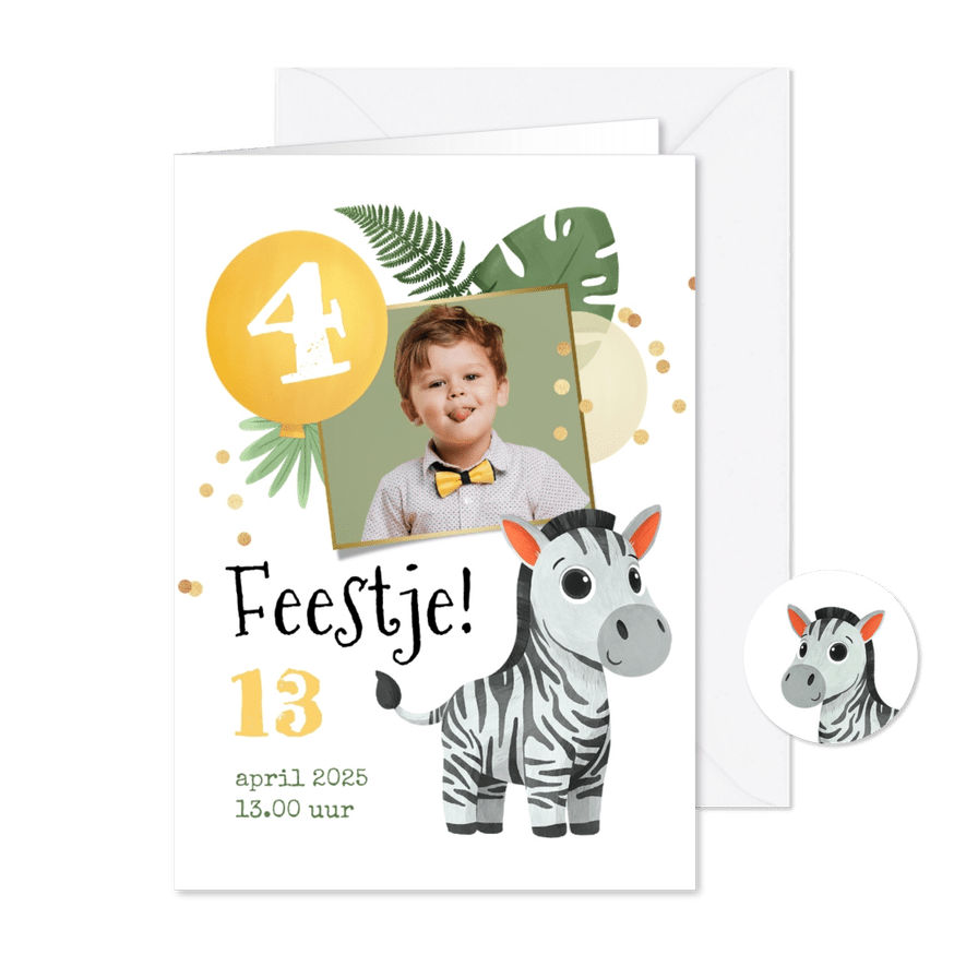 Uitnodiging kinderfeestje jungle zebra confetti ballonnen - Kaartimpressie