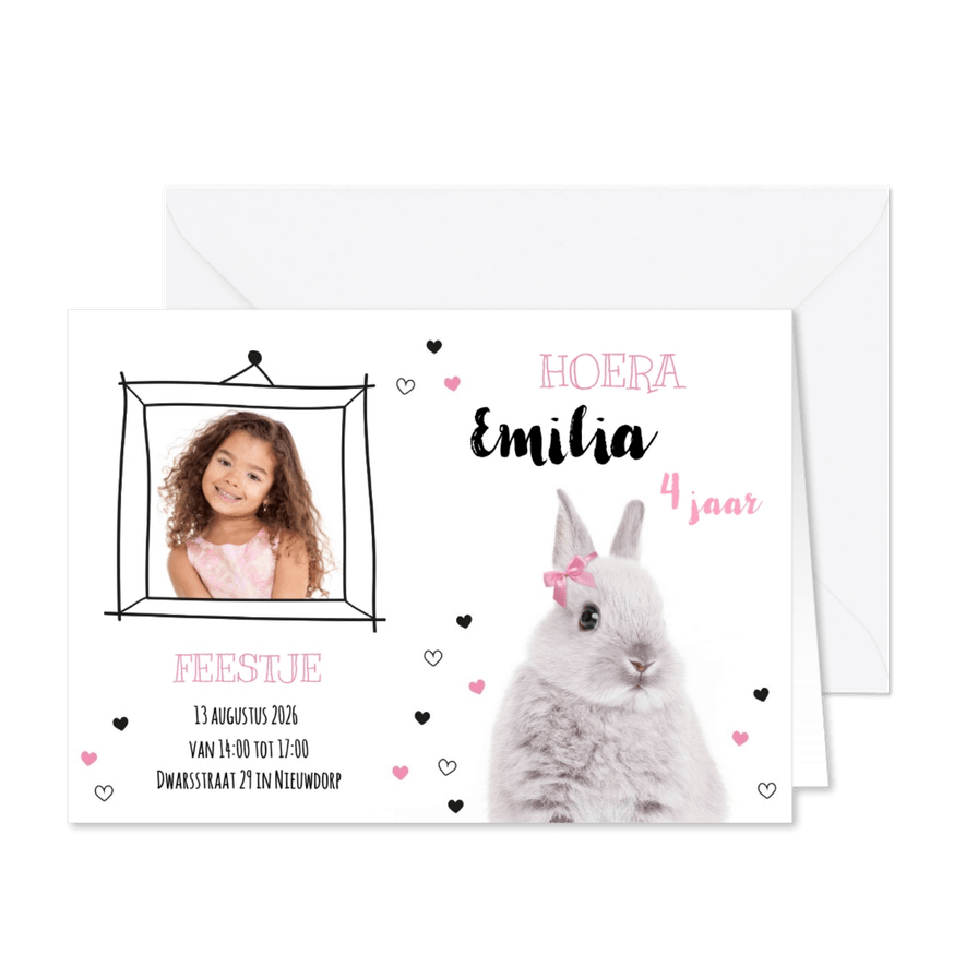 Uitnodiging - Kinderfeestje - Konijntje met roze strikje - Kaartimpressie