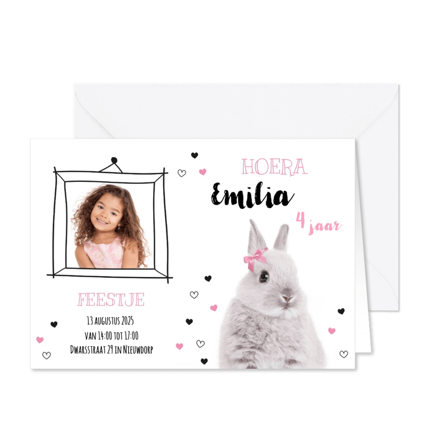 Uitnodiging - Kinderfeestje - Konijntje met roze strikje - Kaartimpressie