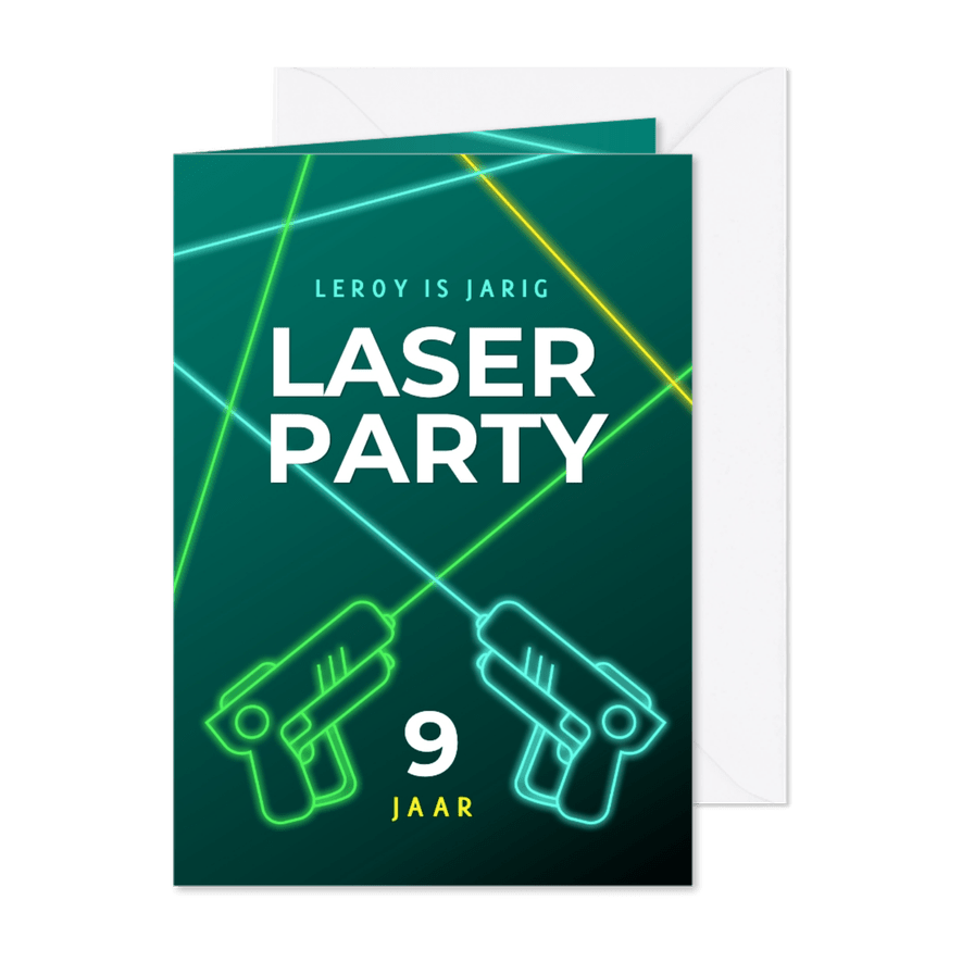 Uitnodiging kinderfeestje laser party met laserguns - Kaartimpressie