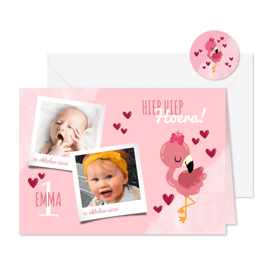 Uitnodiging kinderfeestje lieve flamingo, hartjes en foto's - Kaartimpressie