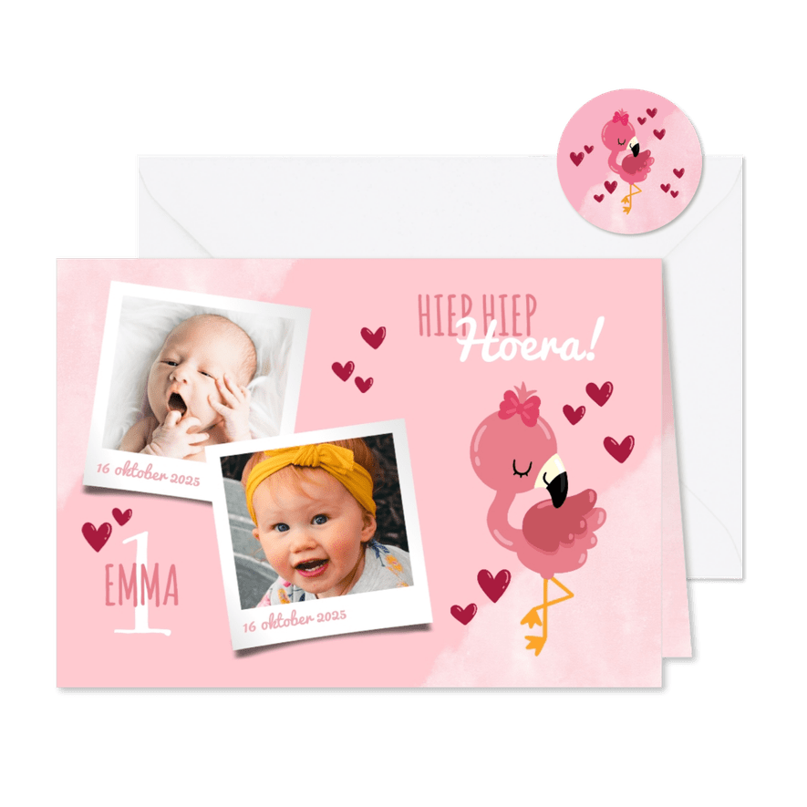 Uitnodiging kinderfeestje lieve flamingo, hartjes en foto's - Kaartimpressie