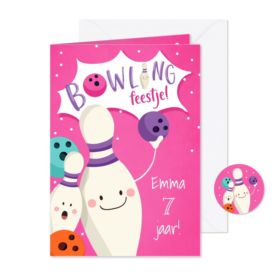 Uitnodiging kinderfeestje meisje bowlingfeestje - Kaartimpressie