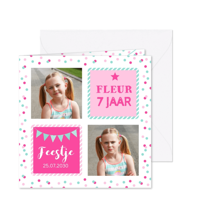 Uitnodiging kinderfeestje meisje confetti roze vakken - Kaartimpressie