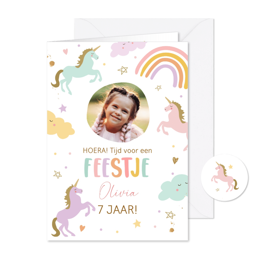 Uitnodiging kinderfeestje meisje eenhoorn en regenboog - Kaartimpressie