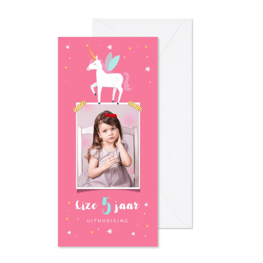 Uitnodiging kinderfeestje meisje eenhoorn met eigen foto - Kaartimpressie