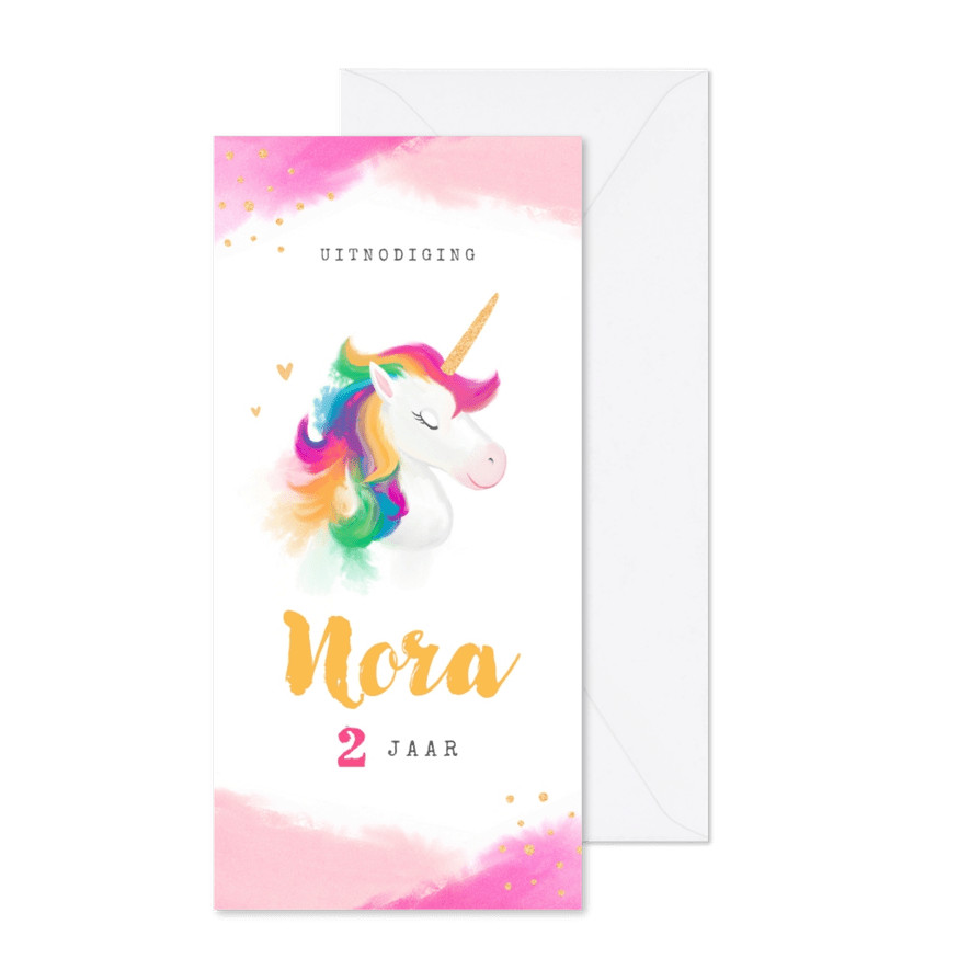Uitnodiging kinderfeestje meisje eenhoorn roze waterverf - Kaartimpressie