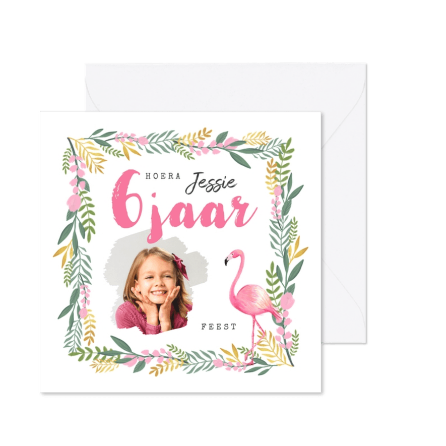 Uitnodiging kinderfeestje meisje flamingo tropisch - Kaartimpressie