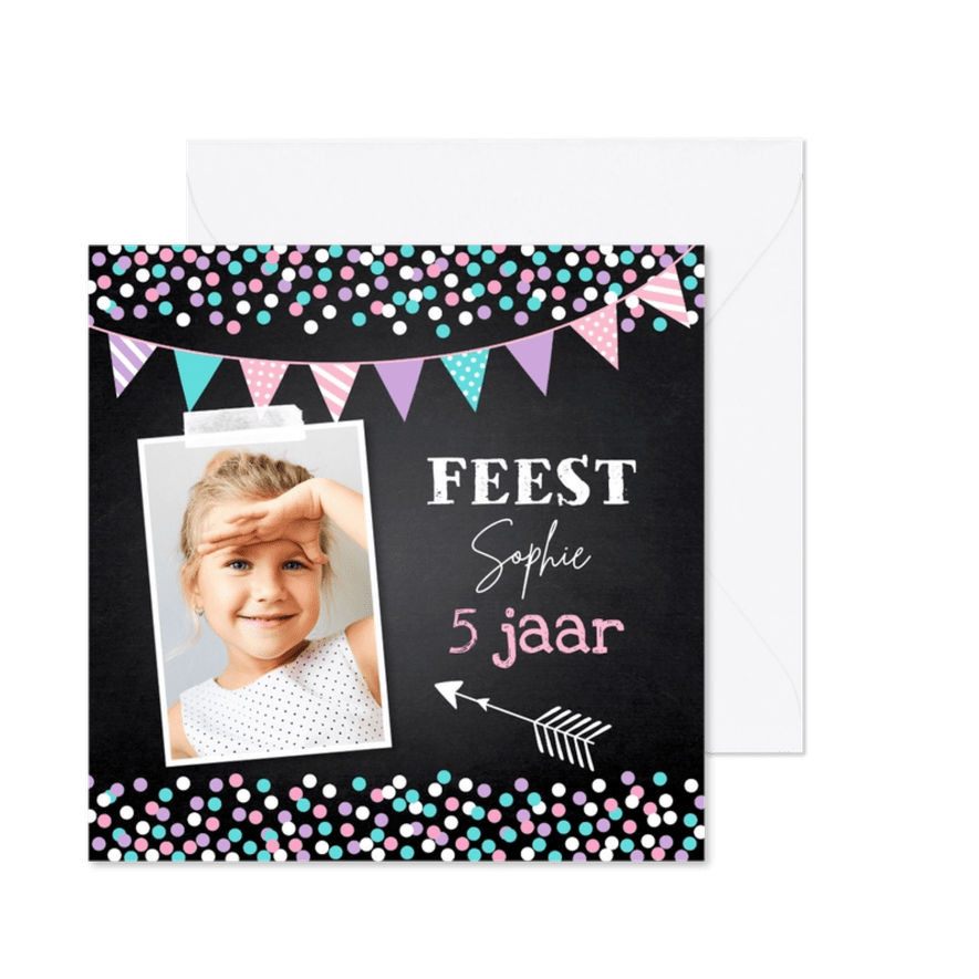 Uitnodiging kinderfeestje meisje foto confetti paars roze - Kaartimpressie