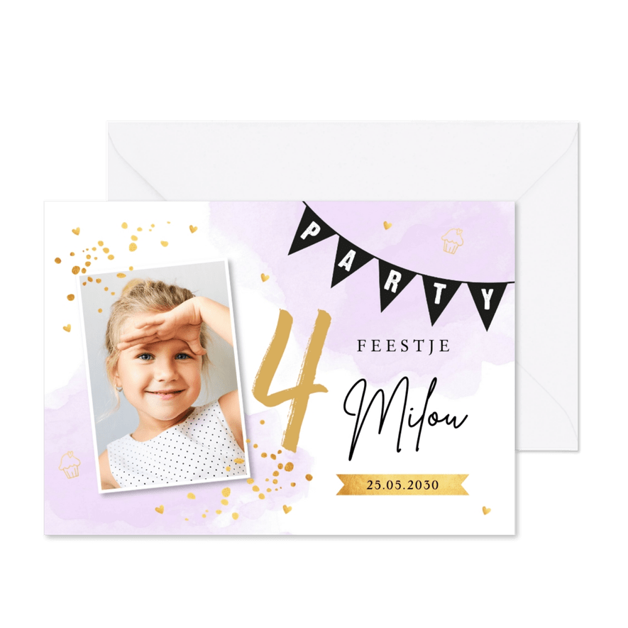 Uitnodiging kinderfeestje meisje foto paars waterverf - Kaartimpressie