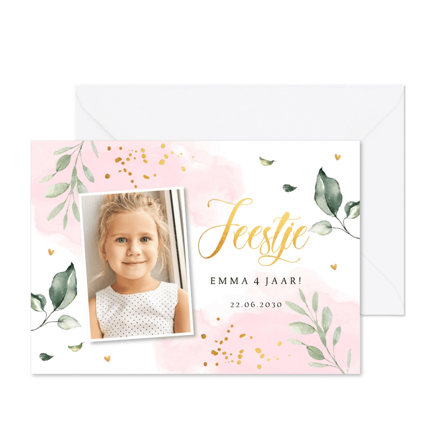 Uitnodiging kinderfeestje meisje foto waterverf botanisch - Kaartimpressie