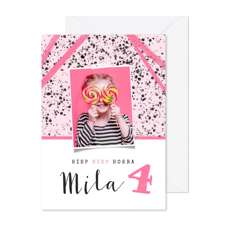 Uitnodiging kinderfeestje meisje hip roze spetters en foto - Kaartimpressie
