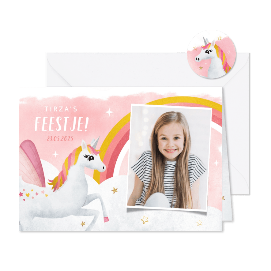 Uitnodiging kinderfeestje meisje met eenhoorn en regenboog - Kaartimpressie