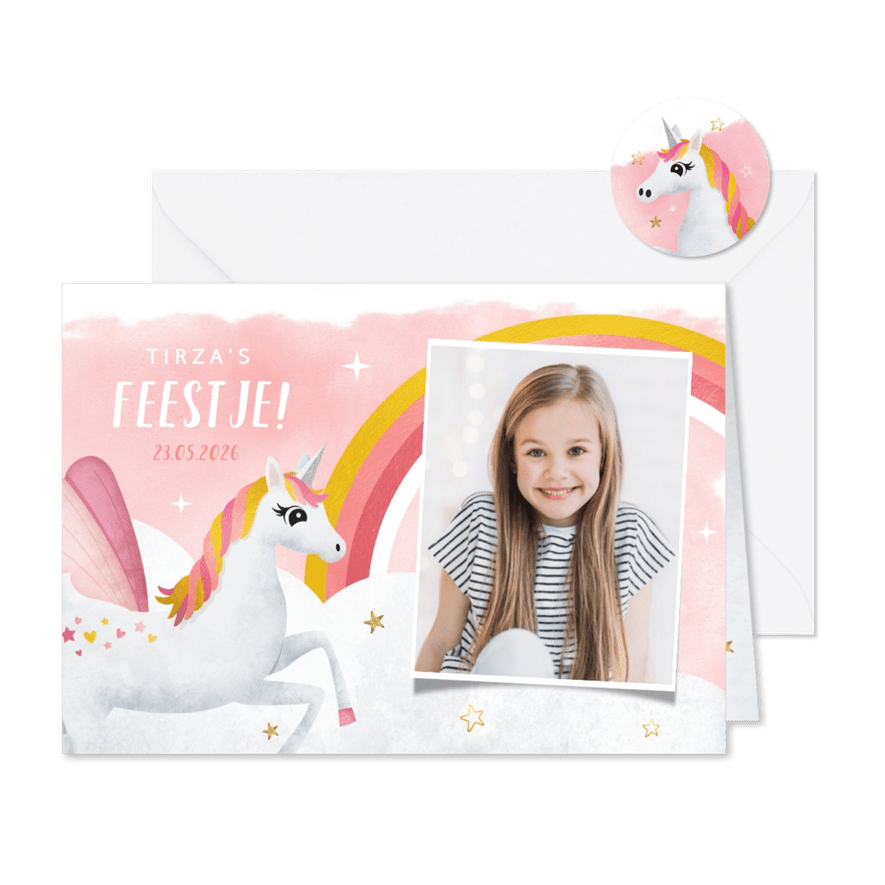 Uitnodiging kinderfeestje meisje met eenhoorn en regenboog - Kaartimpressie