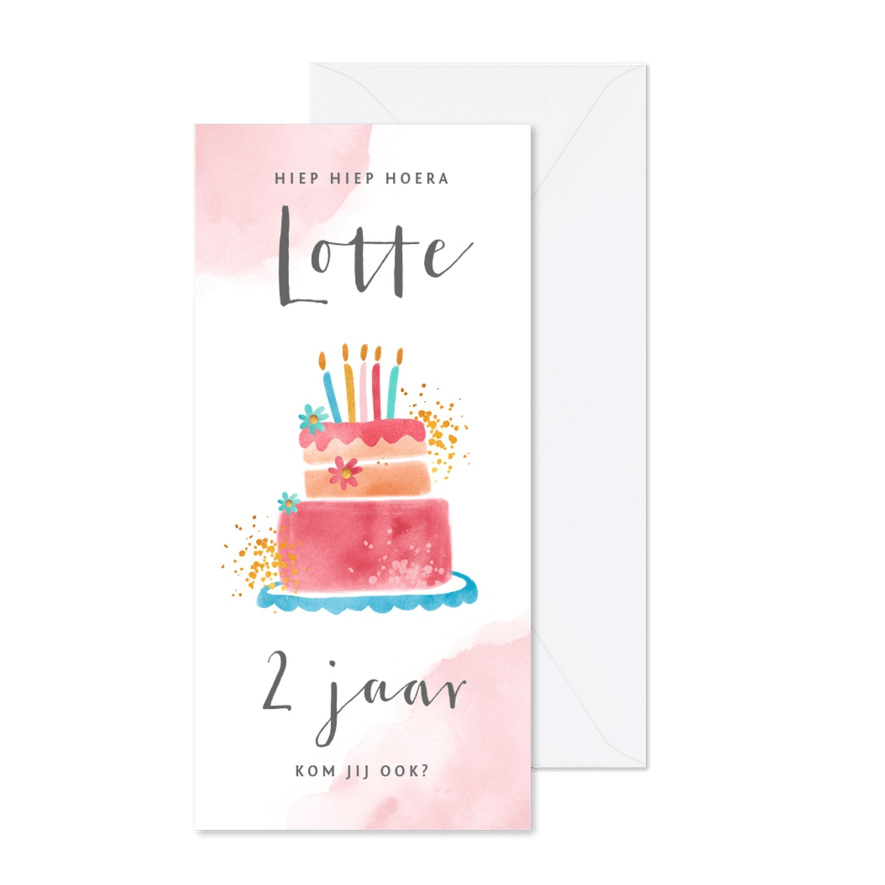 Uitnodiging kinderfeestje meisje met grote taart - Kaartimpressie