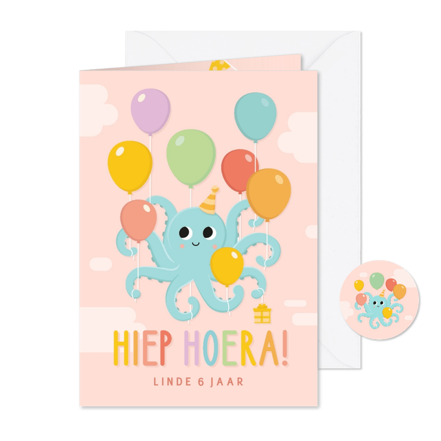 Uitnodiging kinderfeestje meisje met octopus met ballonnen - Kaartimpressie